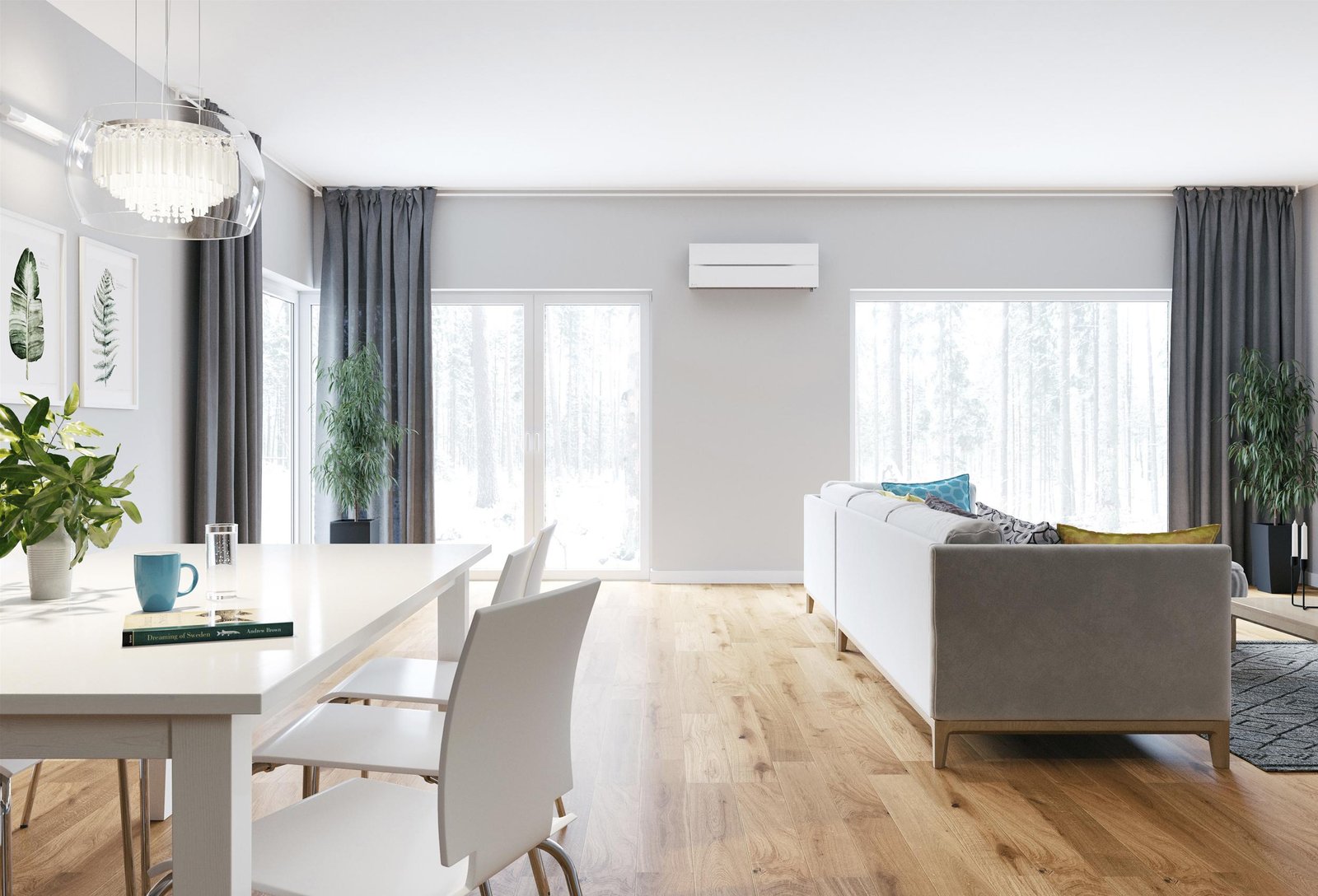 Climatisation murale dans un grand salon bois