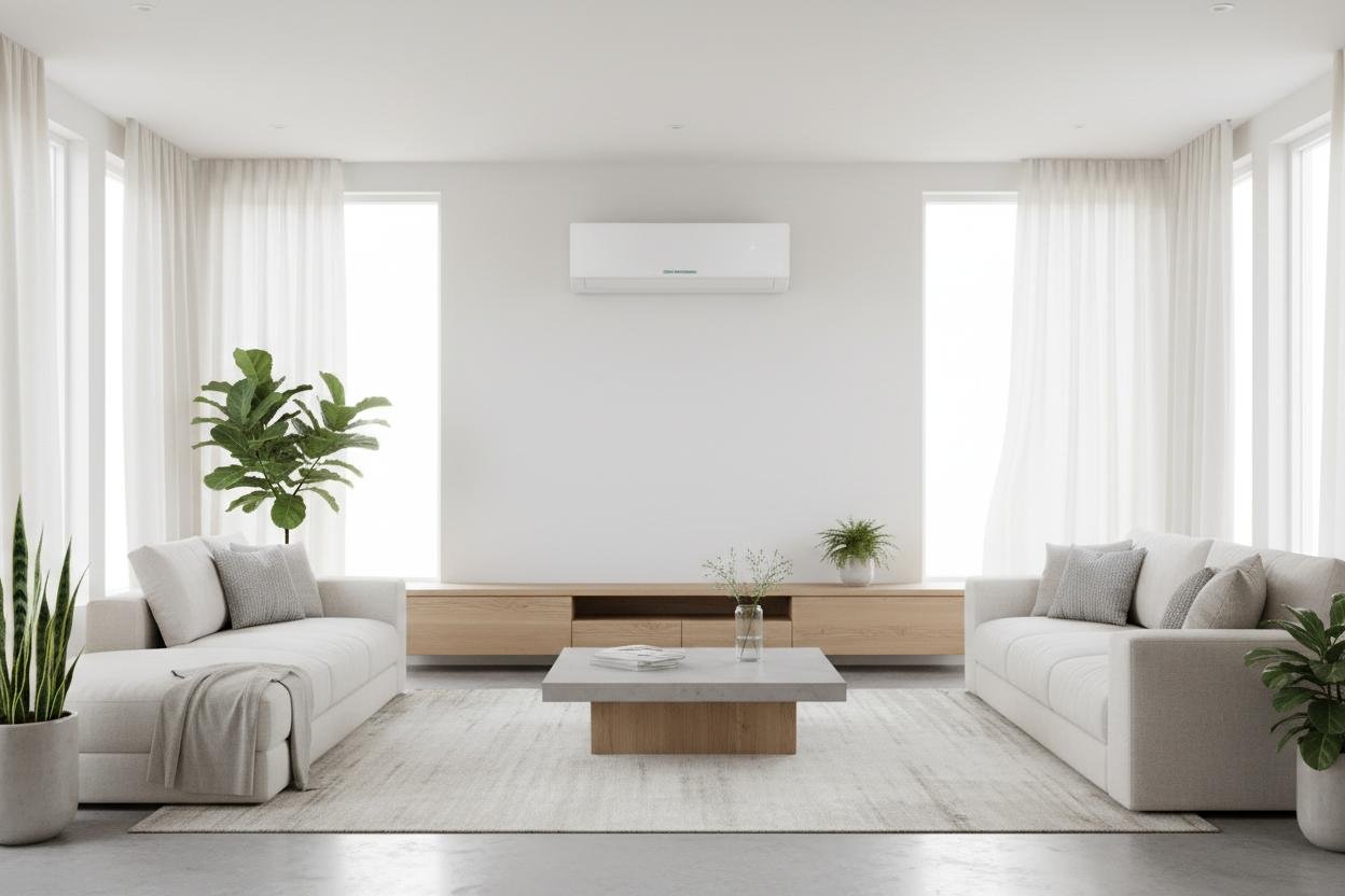 Climatisation murale installée dans un salon lumineux